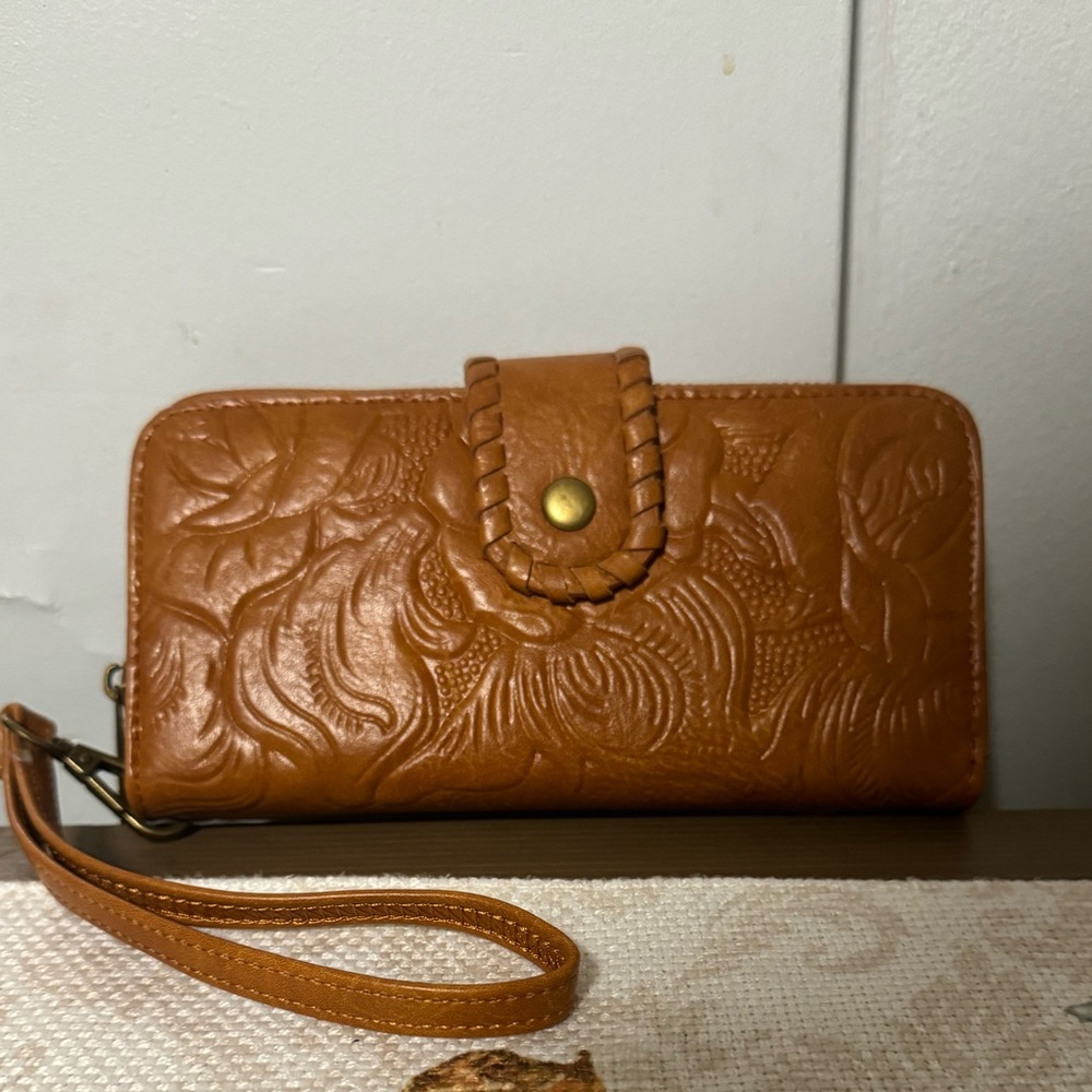 Embossed Tan Wristlet Wallet